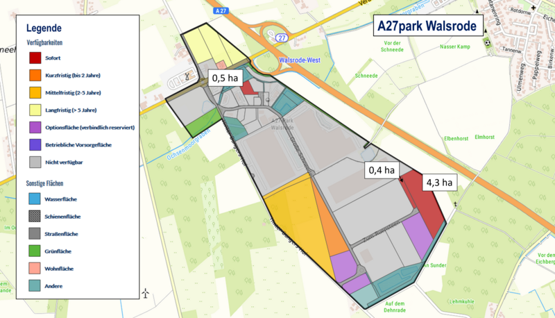 Das Bild zeigt eine Karte des Gewerbegebiets A27park Walsrode, aufgeteilt in verschiedene Parzellen mit unterschiedlichen Flächenangaben. Die Legende auf der linken Seite erläutert die Verfügbarkeit der Flächen sowie deren Nutzungsmöglichkeiten.