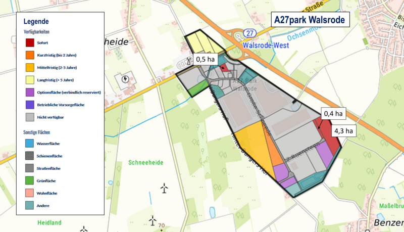 Das Bild zeigt eine Karte des Gewerbegebiets A27park Walsrode, aufgeteilt in verschiedene Parzellen mit unterschiedlichen Flächenangaben. Die Legende auf der linken Seite erläutert die Verfügbarkeit der Flächen sowie deren Nutzungsmöglichkeiten.
