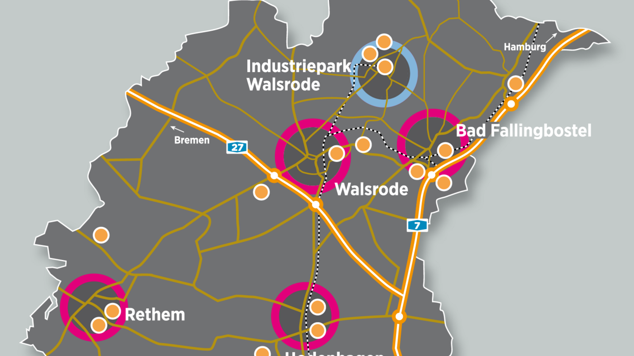  Karte der Wirtschaftsregion Deltaland, die Industrie- und Gewerbegebiete markiert. Die Karte zeigt wichtige Verkehrswege wie Autobahnen und Hauptstraßen sowie die Städte Walsrode, Bad Fallingbostel, Hodenhagen und Rethem. Farbige Markierungen verdeutlichen die verschiedenen Wirtschaftsbereiche.