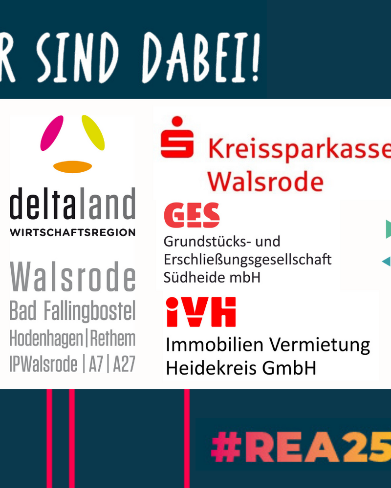 Das Bild kündigt die Teilnahme mehrerer regionaler Partner wie der Kreissparkasse Walsrode und deltaland an der REA25 an, die am 14. und 15. Mai auf dem Messegelände Hannover in Halle 4, Stand D36 stattfindet. Mit dem Slogan „WIR SIND DABEI!“ werden Besucher eingeladen, die Aussteller zwischen 9 und 18 Uhr persönlich zu treffen.