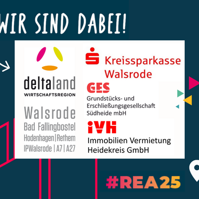 Das Bild kündigt die Teilnahme mehrerer regionaler Partner wie der Kreissparkasse Walsrode und deltaland an der REA25 an, die am 14. und 15. Mai auf dem Messegelände Hannover in Halle 4, Stand D36 stattfindet. Mit dem Slogan „WIR SIND DABEI!“ werden Besucher eingeladen, die Aussteller zwischen 9 und 18 Uhr persönlich zu treffen.