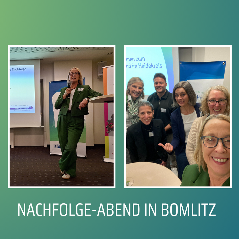 Die Bilder zeigen einen Nachfolge-Abend in Bomlitz mit einer großen Zuschauermenge, die aufmerksam einem Vortrag zuhört. In der Mitte des Bildes steht eine Frau in einem grünen Anzug, umgeben von weiteren Teilnehmern, die sich aktiv an der Veranstaltung beteiligen.