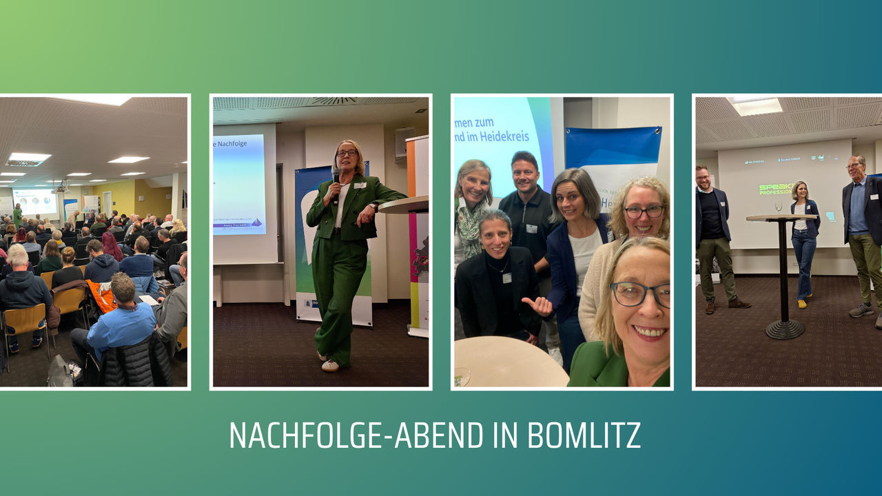 Nachfolge-Abend in Bomlitz | Ⓒ Deltaland, Anke Tielker Erstellt von: Deltaland Erstellt mit: Canva Die Bilder zeigen einen Nachfolge-Abend in Bomlitz mit einer großen Zuschauermenge, die aufmerksam einem Vortrag zuhört. In der Mitte des Bildes steht eine Frau in einem grünen Anzug, umgeben von weiteren Teilnehmern, die sich aktiv an der Veranstaltung beteiligen.