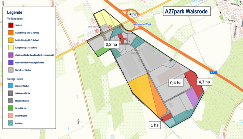 Das Bild zeigt eine Karte des Gewerbegebiets A27park Walsrode, aufgeteilt in verschiedene Parzellen mit unterschiedlichen Flächenangaben. Die Legende auf der linken Seite erläutert die Verfügbarkeit der Flächen sowie deren Nutzungsmöglichkeiten.