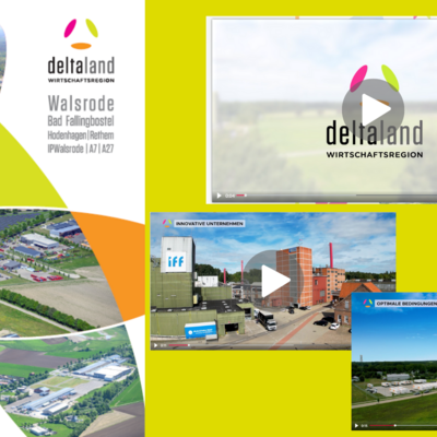 Das Bild zeigt eine Collage, die aus Luftaufnahmen von Industriegebieten und eingebetteten Videos besteht, die sich auf die Wirtschaftsregion "deltaland" konzentrieren. Die Region umfasst Standorte wie Walsrode, Bad Fallingbostel und Hodenhagen und präsentiert Unternehmen, optimale Bedingungen und Infrastrukturvorteile.