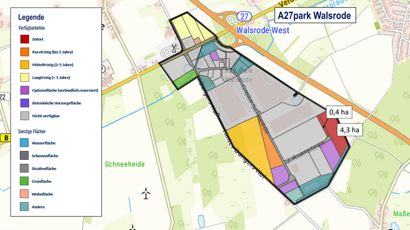 Das Bild zeigt eine Karte des Gewerbegebiets A27park Walsrode, aufgeteilt in verschiedene Parzellen mit unterschiedlichen Flächenangaben. Die Legende auf der linken Seite erläutert die Verfügbarkeit der Flächen sowie deren Nutzungsmöglichkeiten. © Metropolregion Hamburg/GEFIS
