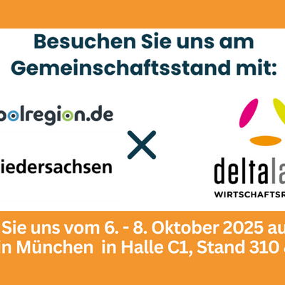Das Bild ist ein Ankündigungsplakat für die Teilnahme der Metropolregion und des Landes Niedersachsen an der Expo Real 2025 in München. Es informiert über den Gemeinschaftsstand in Halle C1, Stand 310 & 410, zusammen mit den Partnern metropolregion.de, Niedersachsen und der Wirtschaftsregion Deltaland.