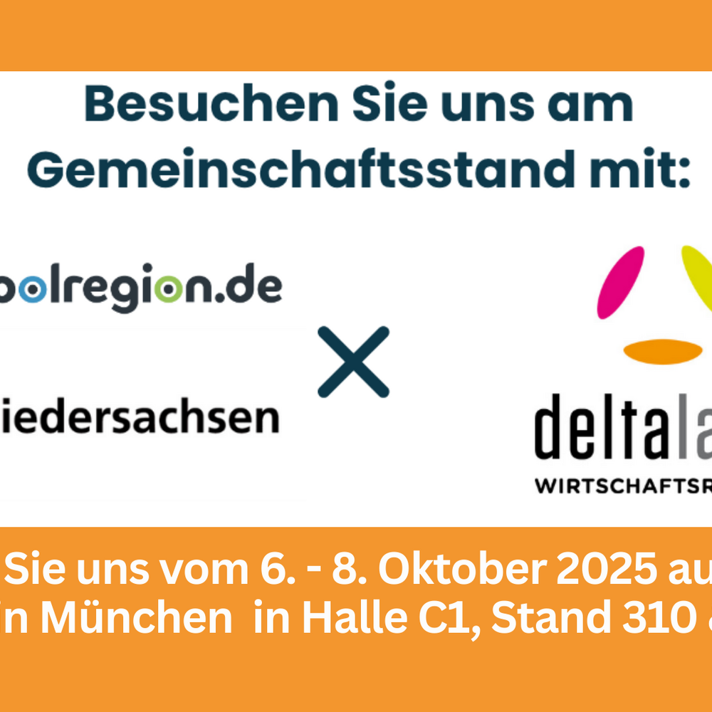 Das Bild ist ein Ankündigungsplakat für die Teilnahme der Metropolregion und des Landes Niedersachsen an der Expo Real 2025 in München. Es informiert über den Gemeinschaftsstand in Halle C1, Stand 310 & 410, zusammen mit den Partnern metropolregion.de, Niedersachsen und der Wirtschaftsregion Deltaland.