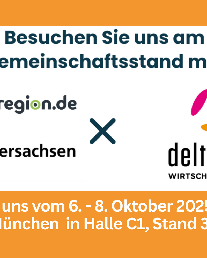 Das Bild ist ein Ankündigungsplakat für die Teilnahme der Metropolregion und des Landes Niedersachsen an der Expo Real 2025 in München. Es informiert über den Gemeinschaftsstand in Halle C1, Stand 310 & 410, zusammen mit den Partnern metropolregion.de, Niedersachsen und der Wirtschaftsregion Deltaland.