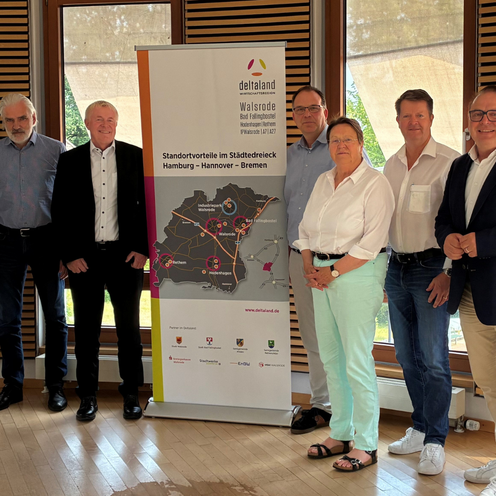 Sieben Personen stehen nebeneinander neben einem deltaland-Roll-up mit Regionalkarte in einem hellen Sitzungsraum.