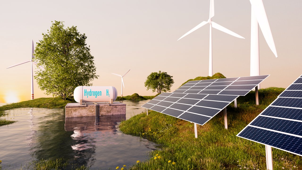  Das Bild zeigt eine Szene mit einem Wasserstoffspeicher, einem Solarpanel und einer Windturbine. Diese Technologien stehen für erneuerbare Energien und die nachhaltige Energiezukunft.