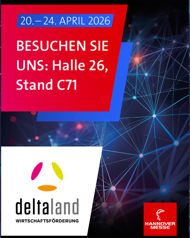 Dieses Werbebanner lädt zum Besuch der Hannover Messe 2026 (20.–24. April) ein und weist auf den Stand von deltaland Wirtschaftsförderung in Halle 26, Stand C71 hin. Der Hintergrund zeigt ein dunkelblaues Netzwerk-Motiv mit leuchtenden Verbindungslinien, das Digitalisierung und Vernetzung symbolisiert.