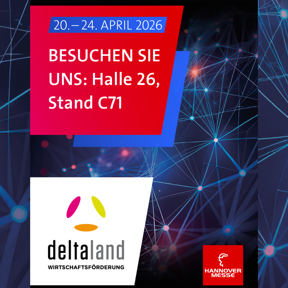 Dieses Werbebanner lädt zum Besuch der Hannover Messe 2026 (20.–24. April) ein und weist auf den Stand von deltaland Wirtschaftsförderung in Halle 26, Stand C71 hin. Der Hintergrund zeigt ein dunkelblaues Netzwerk-Motiv mit leuchtenden Verbindungslinien, das Digitalisierung und Vernetzung symbolisiert.