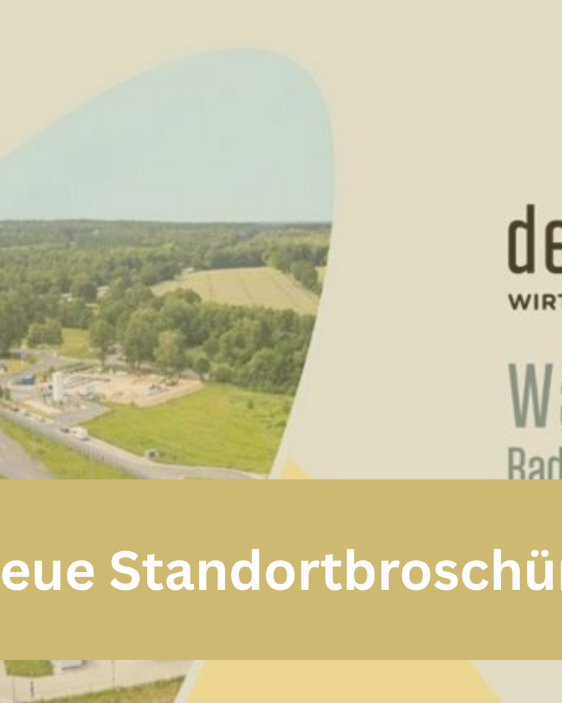 Grafik mit dem Titel „Unsere neue Standortbroschüre ist da!” vor dem Cover der Deltaland-Broschüre. Zu sehen sind eine Luftaufnahme eines Gewerbegebiets mit viel Grün sowie das Logo der Deltaland Wirtschaftsregion.