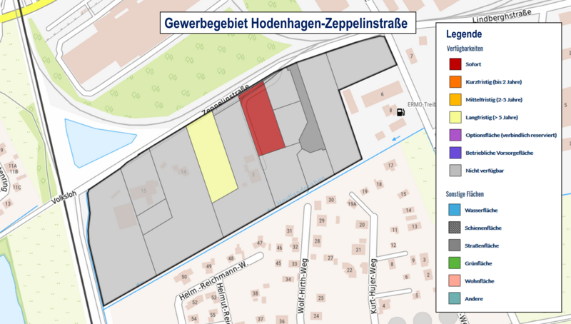 Hodenhagen Zeppelinstraße Die Karte zeigt das Gewerbegebiet Hodenhagen - Zeppelinstraße mit verschiedenen Flächenverfügbarkeiten, gekennzeichnet durch Farben gemäß der Legende (z. B. rot für sofort verfügbar, violett für Optionsflächen und grau für nicht verfügbare Flächen). Zudem sind Straßen, Grünflächen, Wohnbereiche dargestellt, die das Gebiet geographisch und funktional strukturieren.