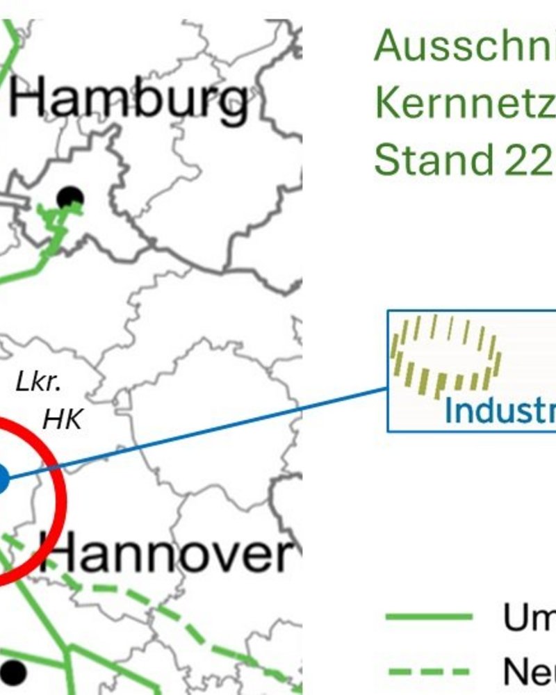 Die Abbildung zeigt einen Ausschnitt der Wasserstoff-Kernnetz-Planung mit dem Stand vom 22. Juli 2024. Deutlich markiert sind die Städte Hamburg, Bremen und Hannover sowie der Industriepark Walsrode, der durch eine blaue Markierung hervorgehoben wird. Die grüne durchgezogene Linie stellen die Umstellungsleitung des Netzes dar, während die grün gestrichelte Linie die Neubauleitungen darstellt.