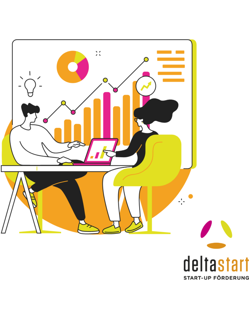 Die Grafik zeigt zwei Personen, die sich an einem Tisch gegenübersitzen, gemeinsam in ein Laptop schauen und sich unterhalten. Außerdem ist das deltastart-Logo abgebildet.