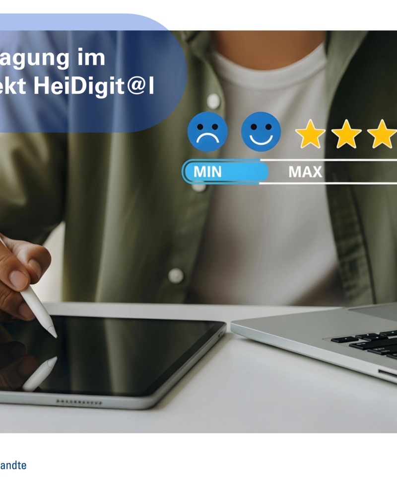 Das Bild zeigt eine Person, die mit einem Stylus auf einem Tablet arbeitet, während ein Laptop im Hintergrund sichtbar ist. Darüber befindet sich eine Umfrageansicht mit einer Skala von einem bis fünf Sternen, die zur Bewertung einlädt.