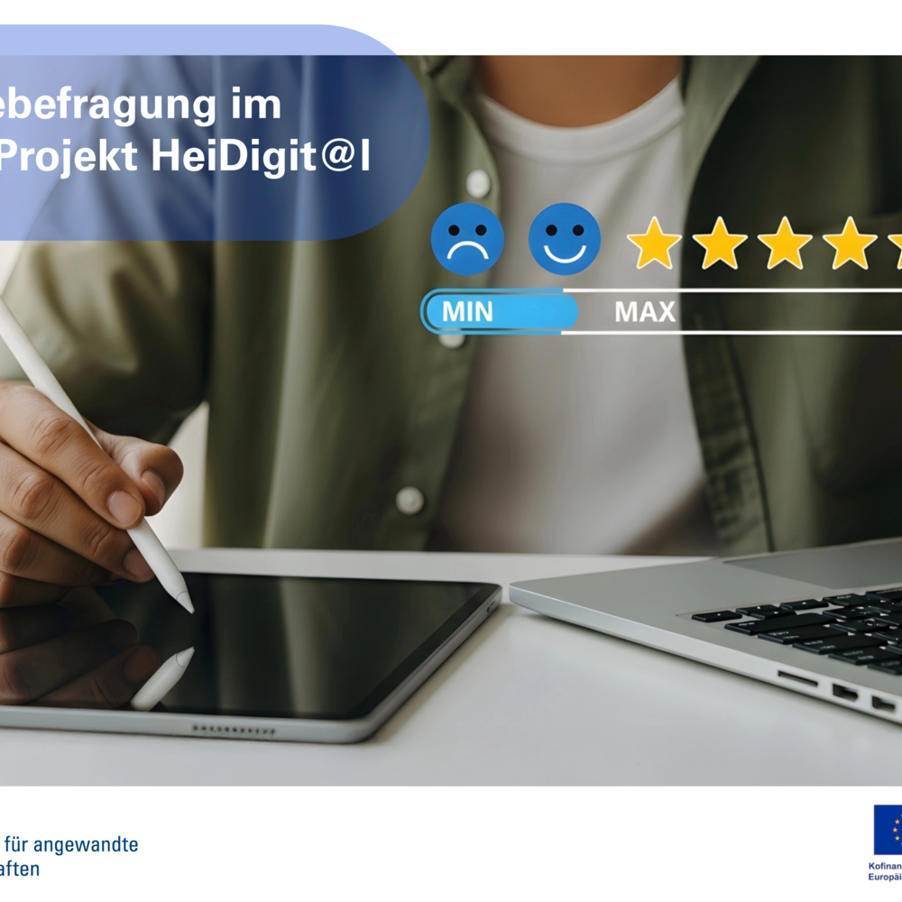 Das Bild zeigt eine Person, die mit einem Stylus auf einem Tablet arbeitet, während ein Laptop im Hintergrund sichtbar ist. Darüber befindet sich eine Umfrageansicht mit einer Skala von einem bis fünf Sternen, die zur Bewertung einlädt.