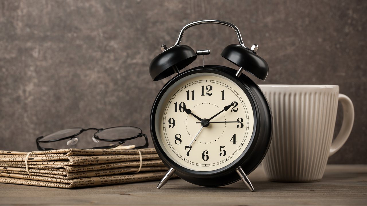 Ein Stapel Zeitungen mit einer darauf liegenden Brille, ein klassischer schwarzer Wecker und eine weiße Kaffeetasse auf einem Holztisch.