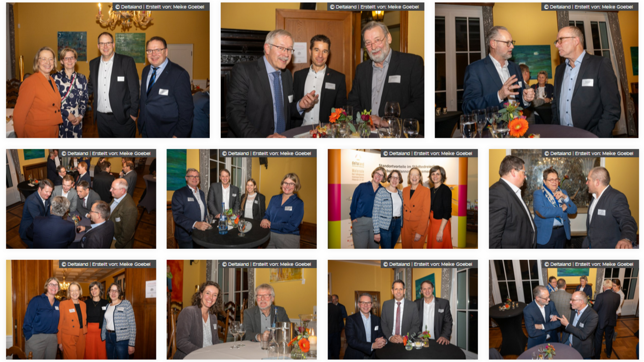 Das Bild zeigt eine Galerie von zwölf Fotos, die eine gesellige Veranstaltung dokumentieren. Zu sehen sind kleinere Gruppen von Personen in einem eleganten Ambiente, die sich an Stehtischen oder im Gespräch befinden, wobei Speisen und Getränke die gemütliche Atmosphäre unterstreichen