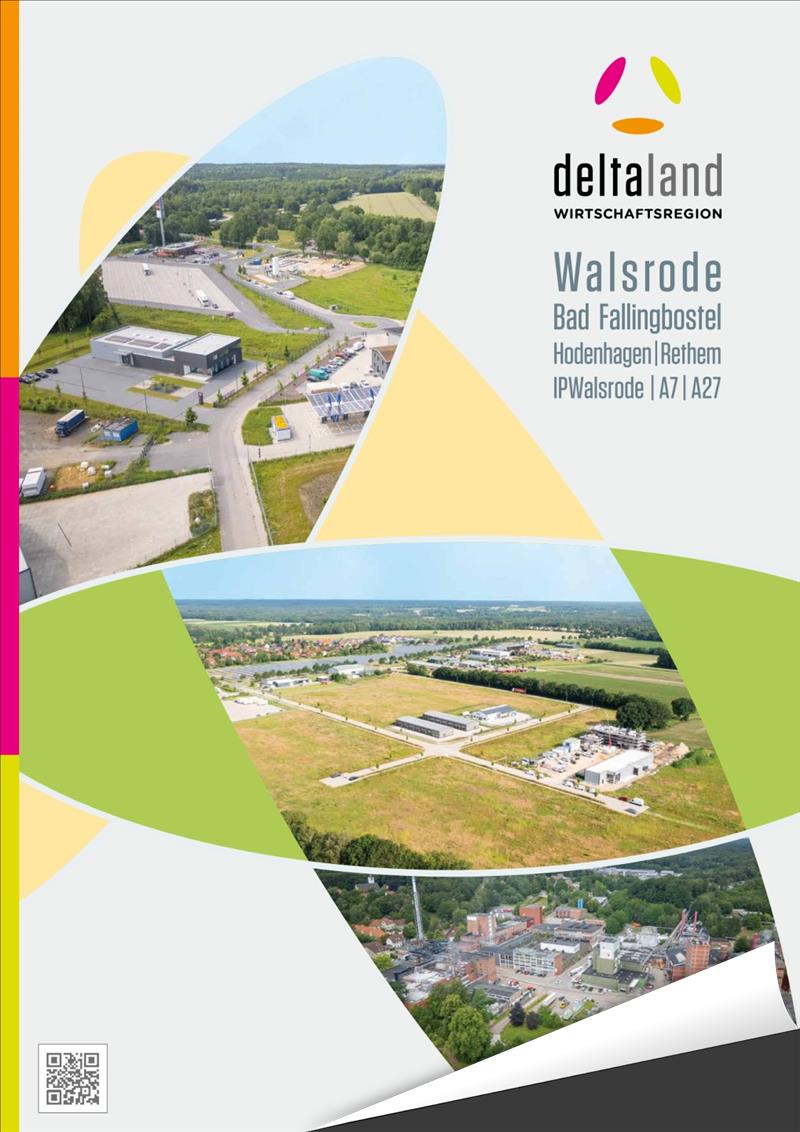 Titelseite der Broschüre „Deltaland Wirtschaftsregion" mit Luftaufnahmen von Gewerbegebieten. Die Aufnahmen zeigen Industrie- und Gewerbeflächen sowie Ortskerne, umrahmt vom bunten Deltaland-Logo oben rechts.