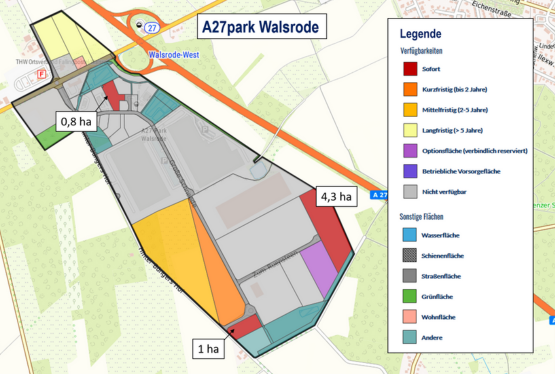 Verfügbare Flächen im A27park Walsrode © Metropolregion Hamburg/GEFIS (Eigene Darstellung WFG Deltaland aus GEFIS)